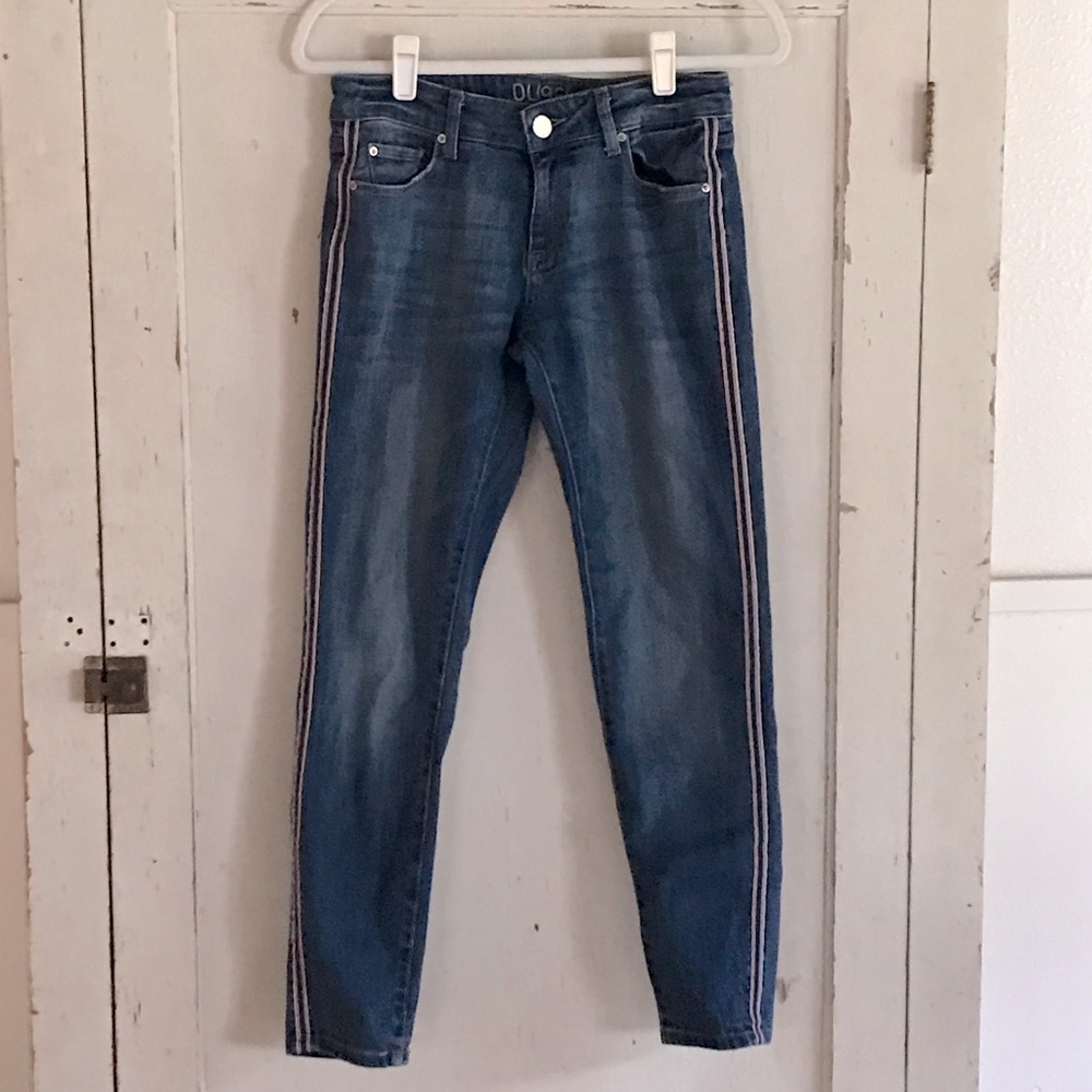 DLX jeans with red, white and blue stripe